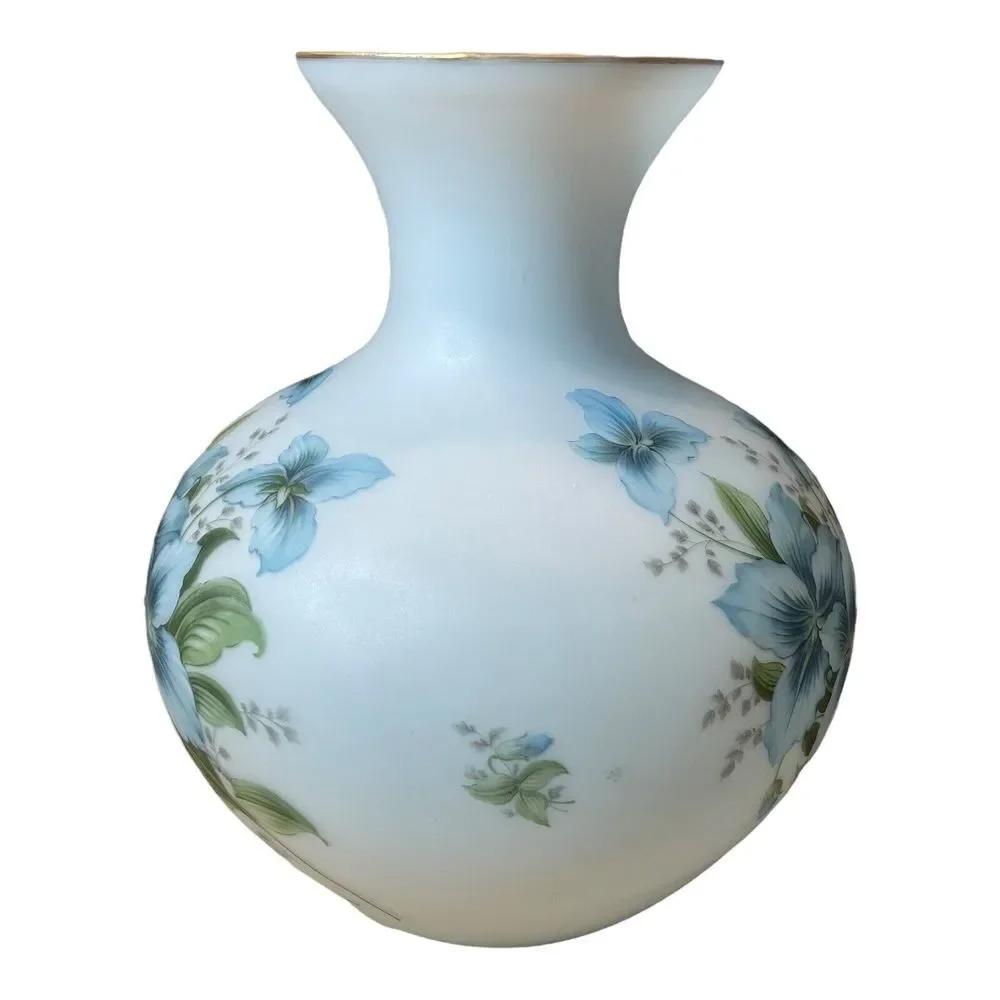 Vintage Italian Vase 10 Inch Frosted Blue Satin Art Glass Iris Flowers Gold Gilt